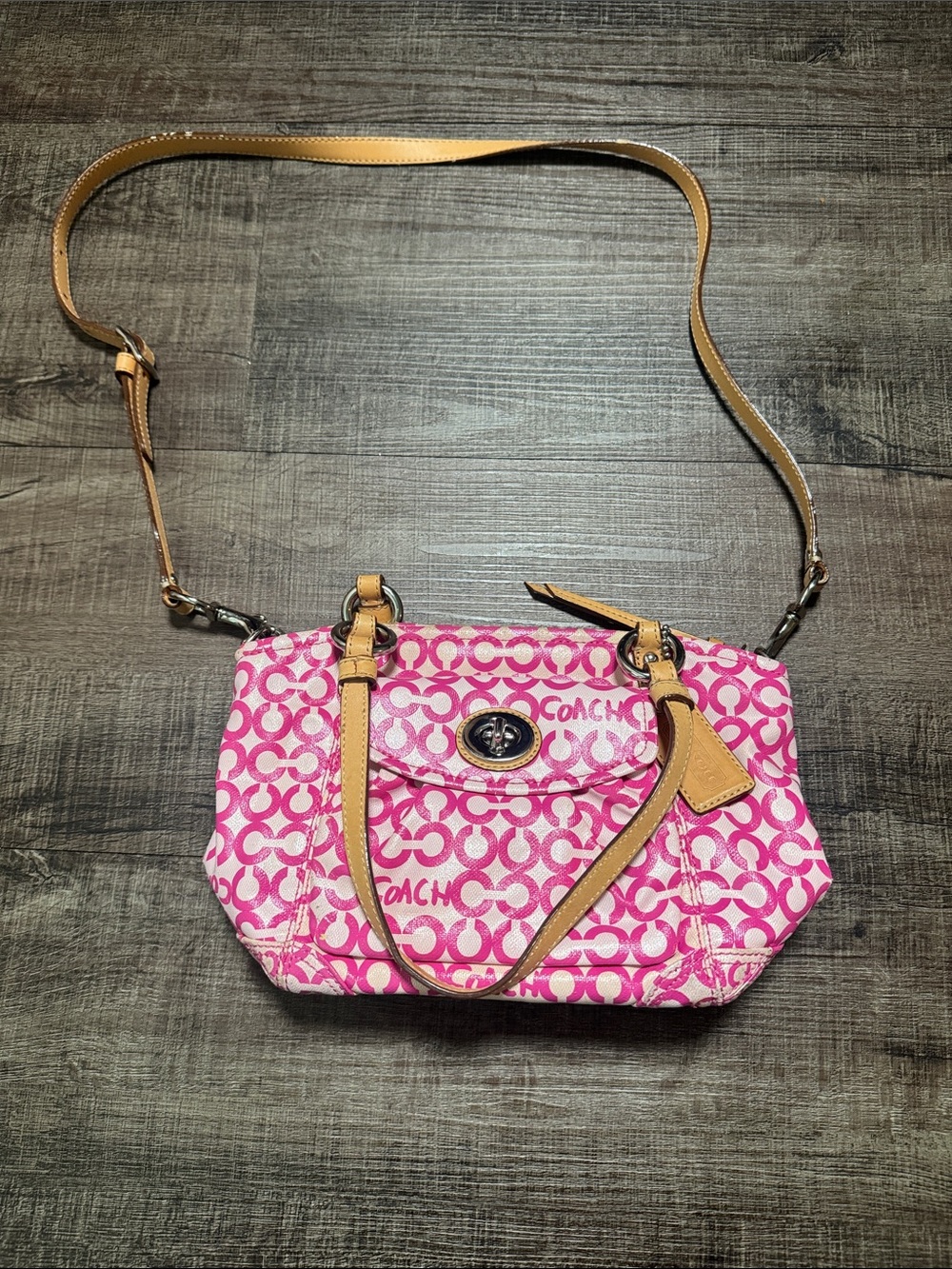 Coach Pink Signature Canvas Crossbody with Tan Leather Trim